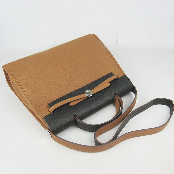 7A Replica Hermes Light Coffee/Black Kelly 32cm Togo Leather Bag 60667 - Click Image to Close